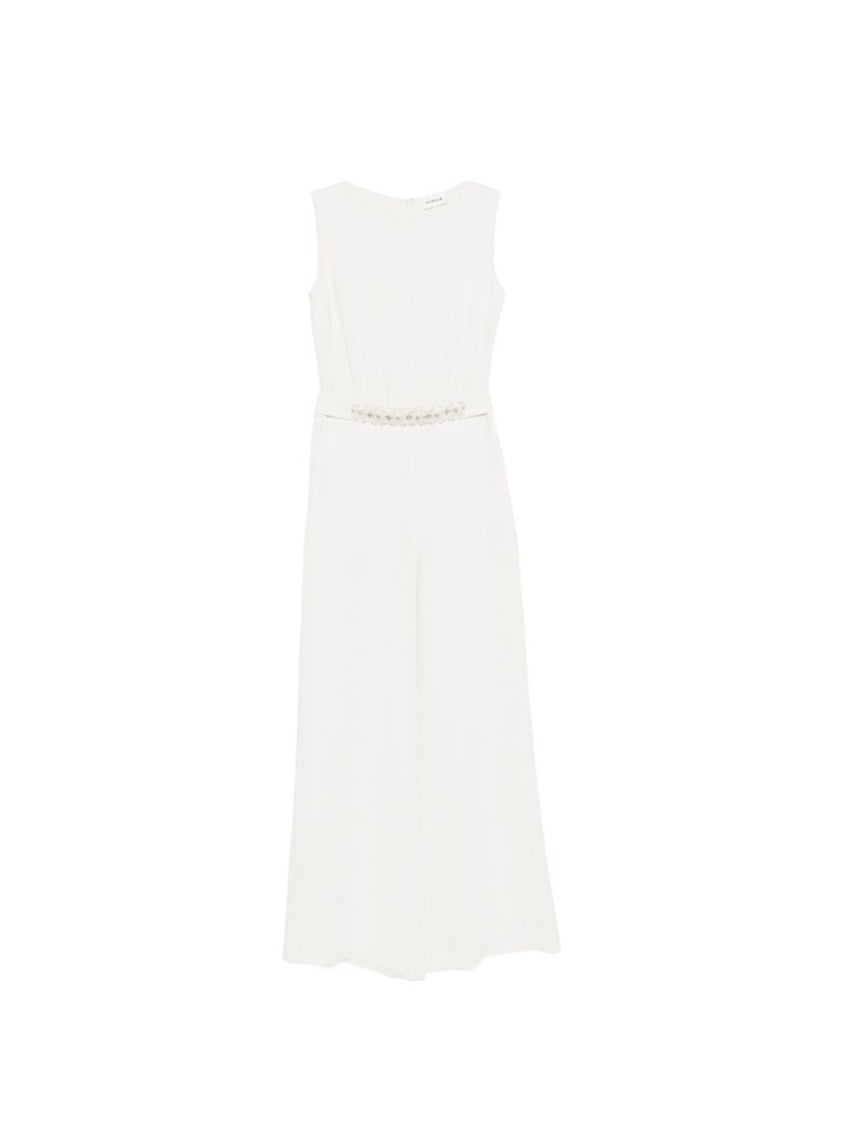 Parosh Sleeveless White Jumpsuit With Floral Embellishment