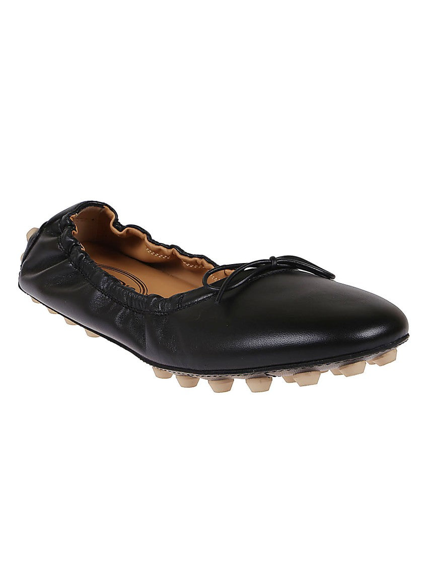 Tod's Black Leather Ballet Flats With Gathered Elasticized Trim