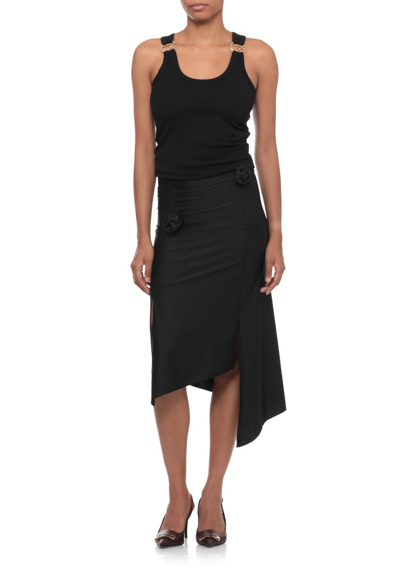 Coperni Asymmetrical Black Midi Skirt With Floral Embellishments