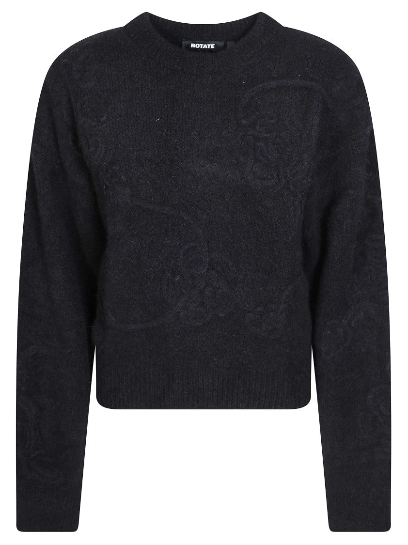 Rotate Black 3D Flower Knit Cropped Sweater