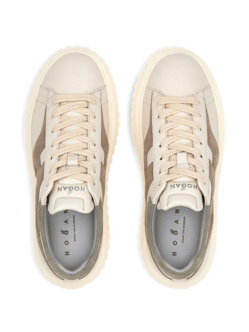 Hogan Beige Platform Lace-Up Flats With Distinctive Side Logo