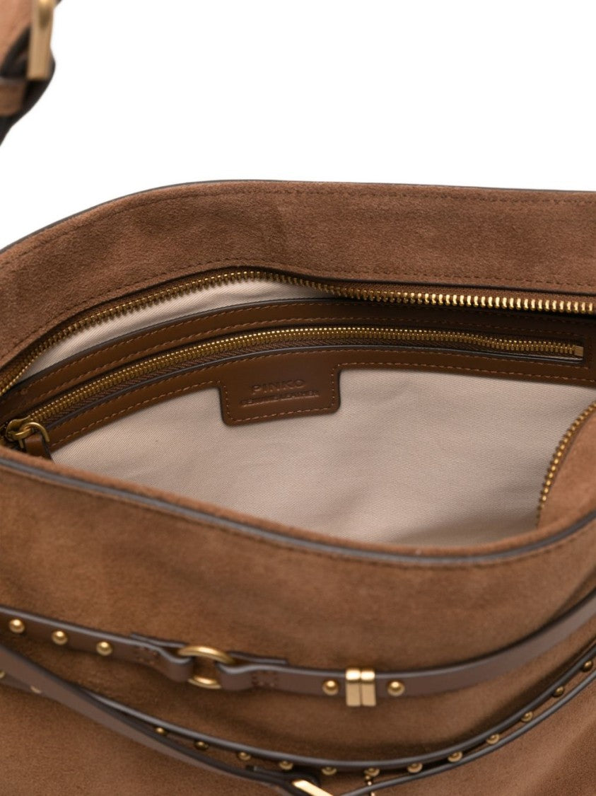 Pinko Brown Calf Leather Shoulder Bag With Gold-Tone Hardware And Suede Finish