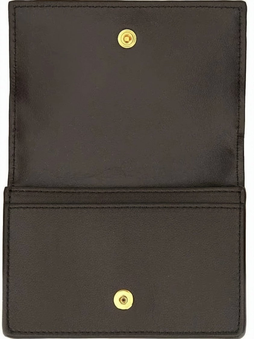 Bottega Veneta Intrecciato Black Card Case With Gold-Tone Closure