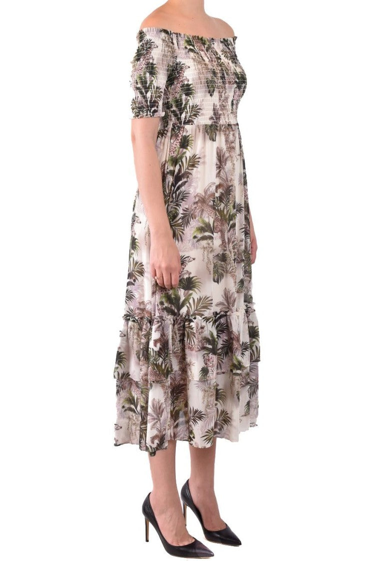 L'agence Off-Shoulder Midi Dress Tropical Leaf Ruffle