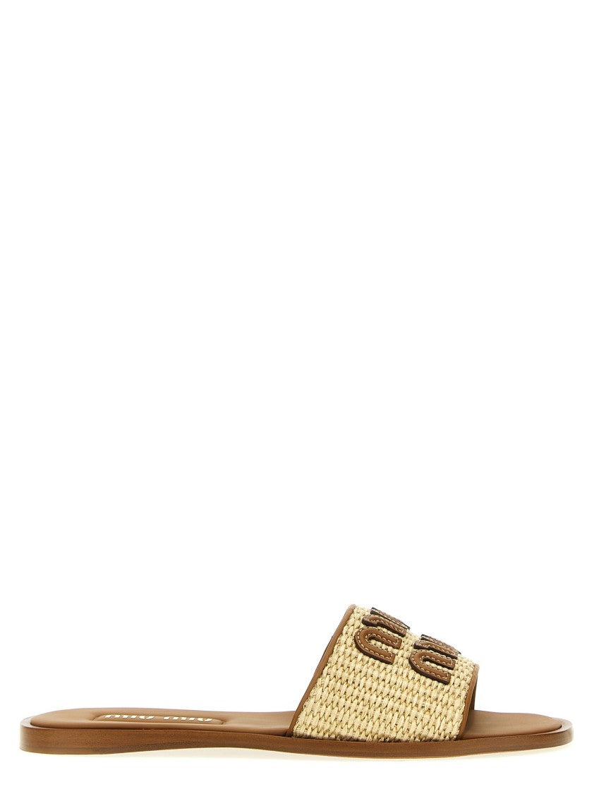 Miu Miu Woven Raffia Sandals With Stitched Leather Logo