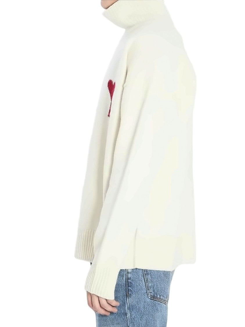 Ami Paris White Wool Turtleneck Sweater With Heart Emblem
