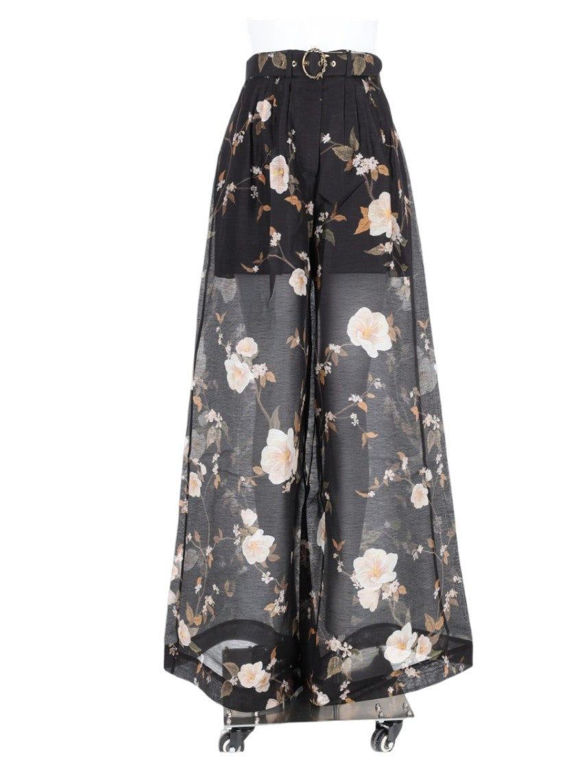 Zimmermann Black Floral Sheer Overlay Linen-Silk Wide-Leg Pants