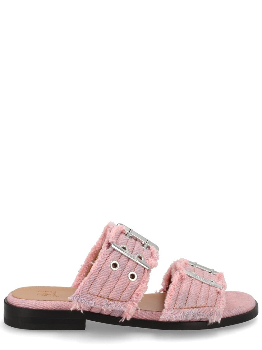 Ganni Neutrals Wide Buckled Straps Cotton Sandals