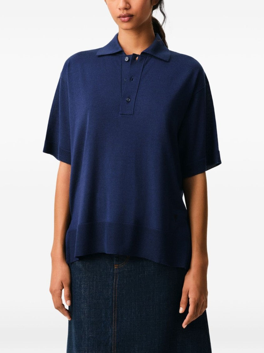 Ami Paris Blue Embroidered Logo Wool Polo Shirt