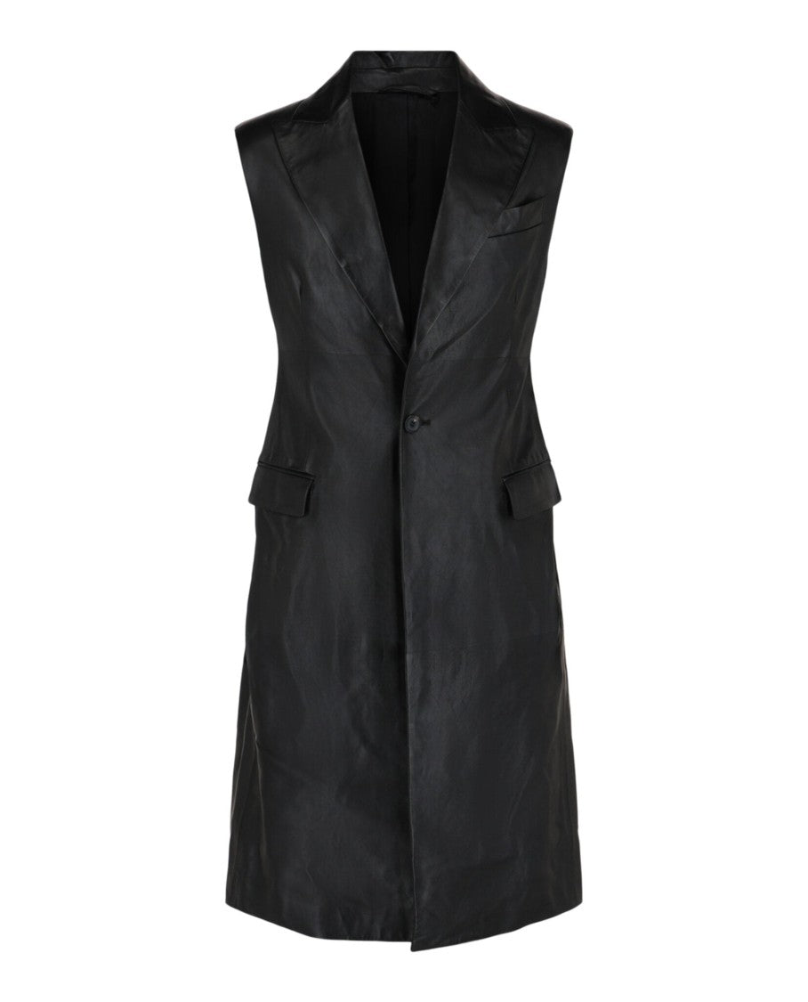 Ferragamo Sophisticated Black Sleeveless Leather Vest With Notched Lapels