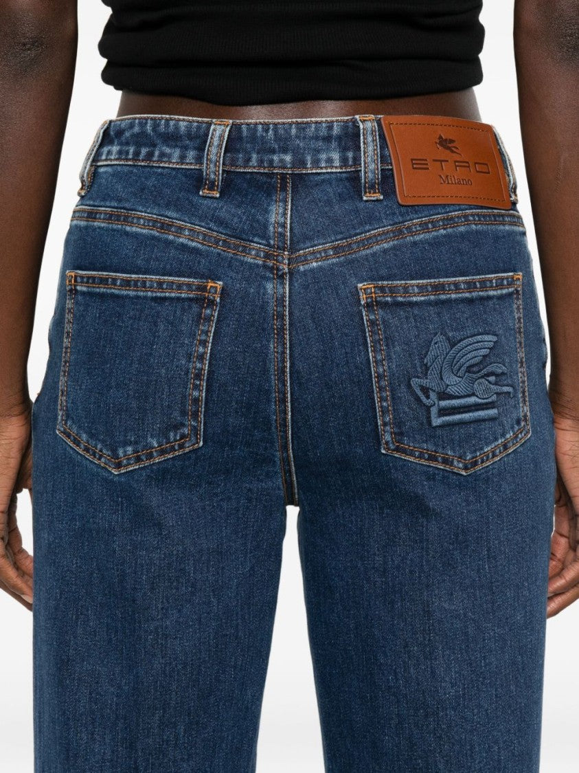 Etro Straight-Leg Blue Denim Jeans With Embroidered Logo