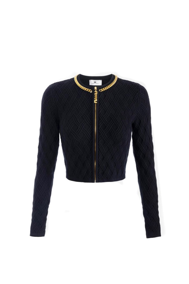 Elisabetta Franchi Black Diamond-Quilted Chain-Trim Viscose-Blend Cardigan