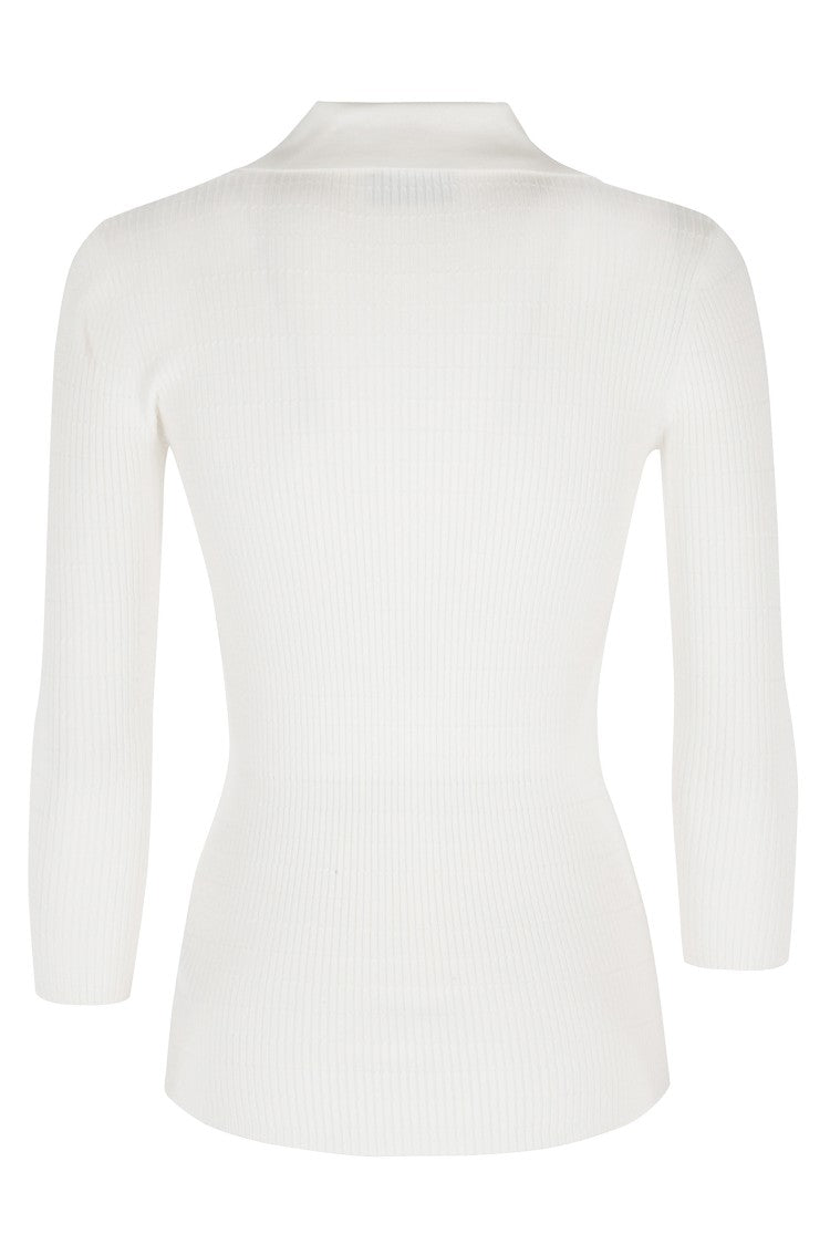 Elisabetta Franchi Ivory Tricot Polo V-Neck Lyocell-Blend Polo Shirt