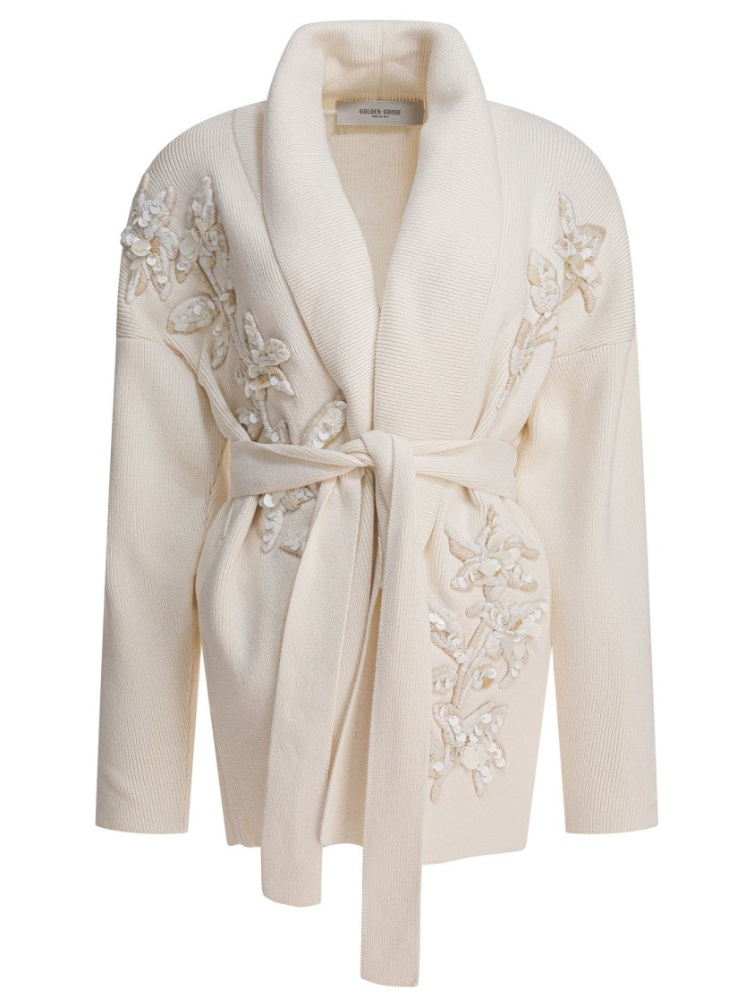 Golden Goose Floral Embroidered Cardigan With Wide Shawl Collar