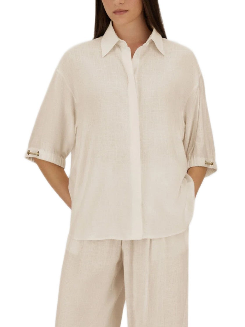 Herno Fluid Weave Linen Blend Shirt With Unique Gathered Cuffs