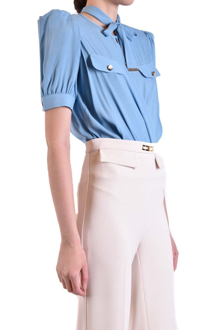 Elisabetta Franchi Draped Blue Bodysuit Tie-Neck Detail Pockets