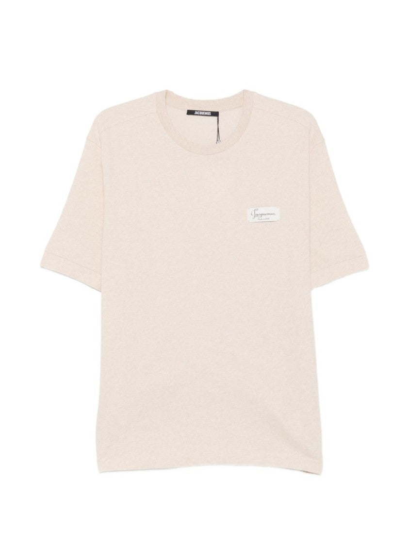 Jacquemus Crew Neck T-Shirt In Light Beige With Rectangular Logo Patch