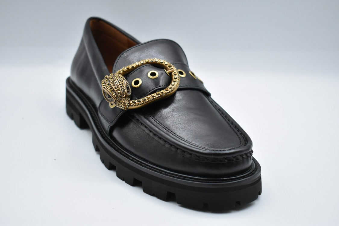 Kurt Geiger Black Leather Flat Shoes With Oversized Buckle Detail