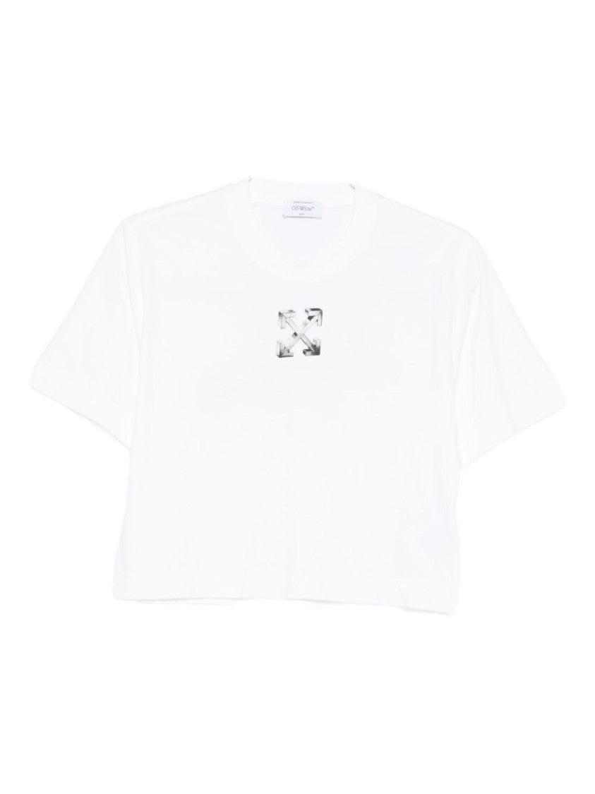 Off-White Cropped T-Shirt With Silver Graphics