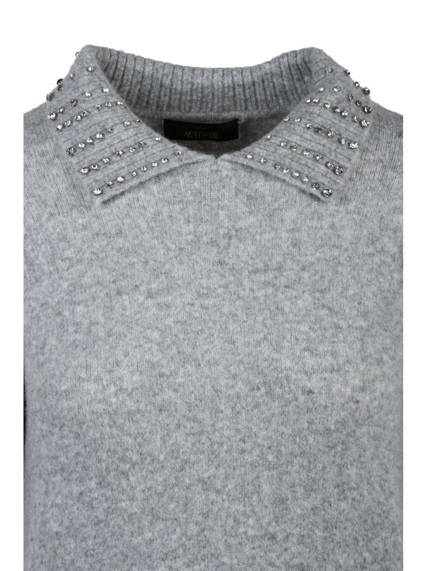 Twinset Actitude Grey Textured Knit Polo Sweater