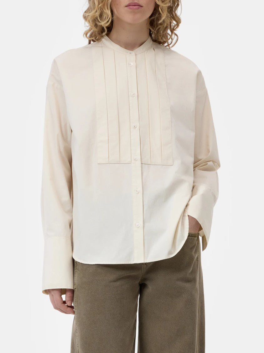 Closed Relaxed Fit Blouse With Vertical Pleats And Band Collar