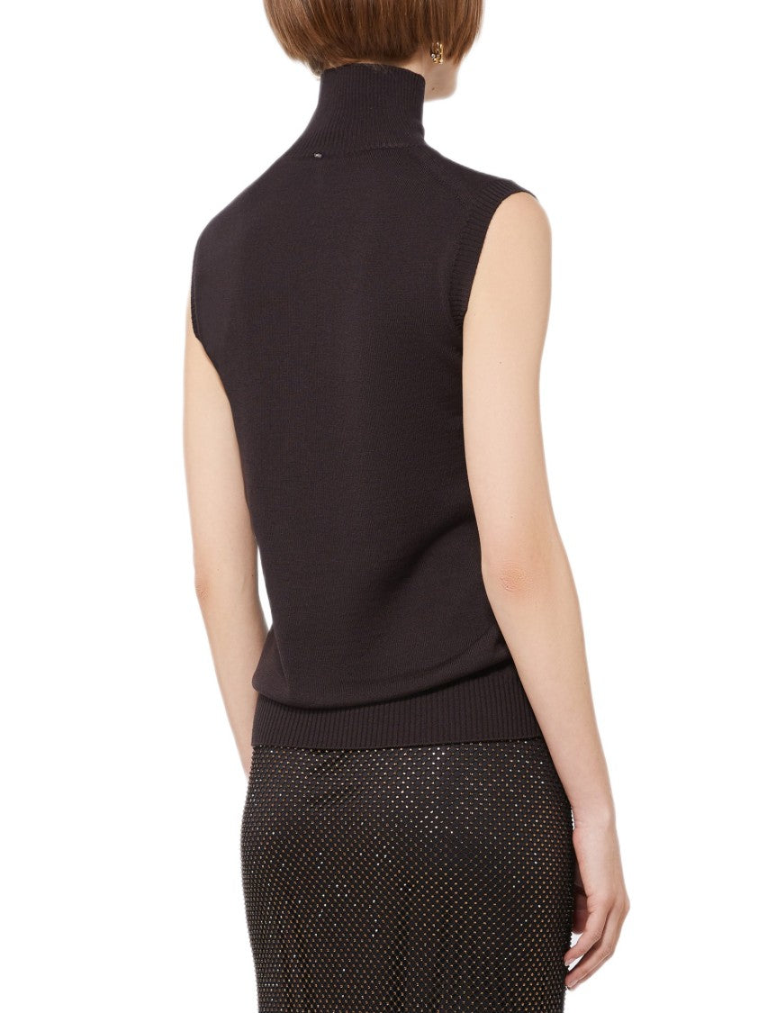 Sportmax Sleeveless Brown Turtleneck With Fine Wool Texture And Ribbed Trims