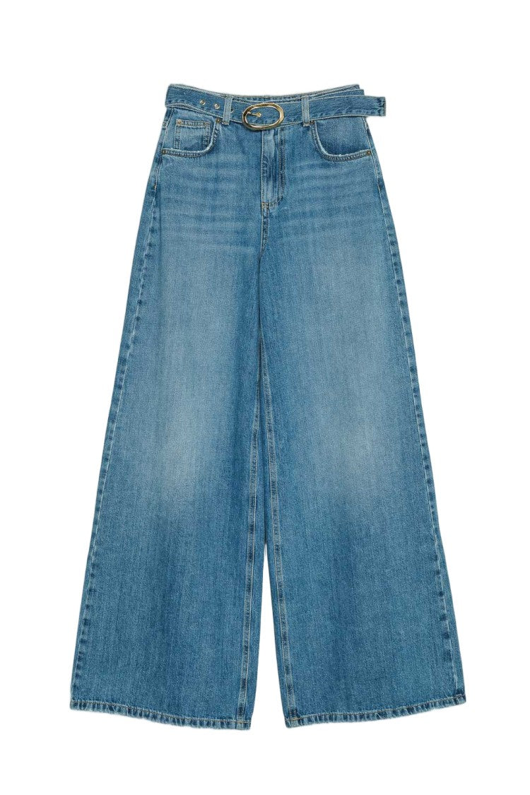 Twin-Set Gold Oval Buckle Wide-Leg Jeans