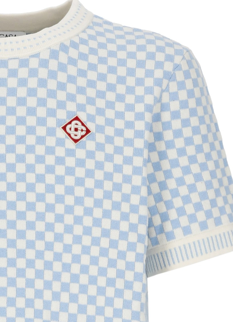 Casablanca White Light Blue Checkered Cotton T-Shirt