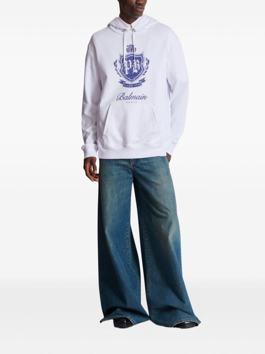 Balmain White Cotton Emblem Print Sweatshirt