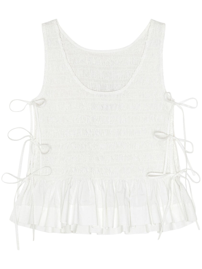 Ganni Smocked Bodice Cotton Poplin Top With Ruffled Hem