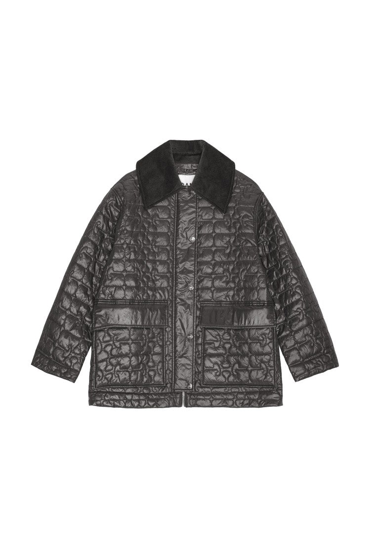 Ganni Shiny Black Quilted Midi Jacket With Pointed Collar