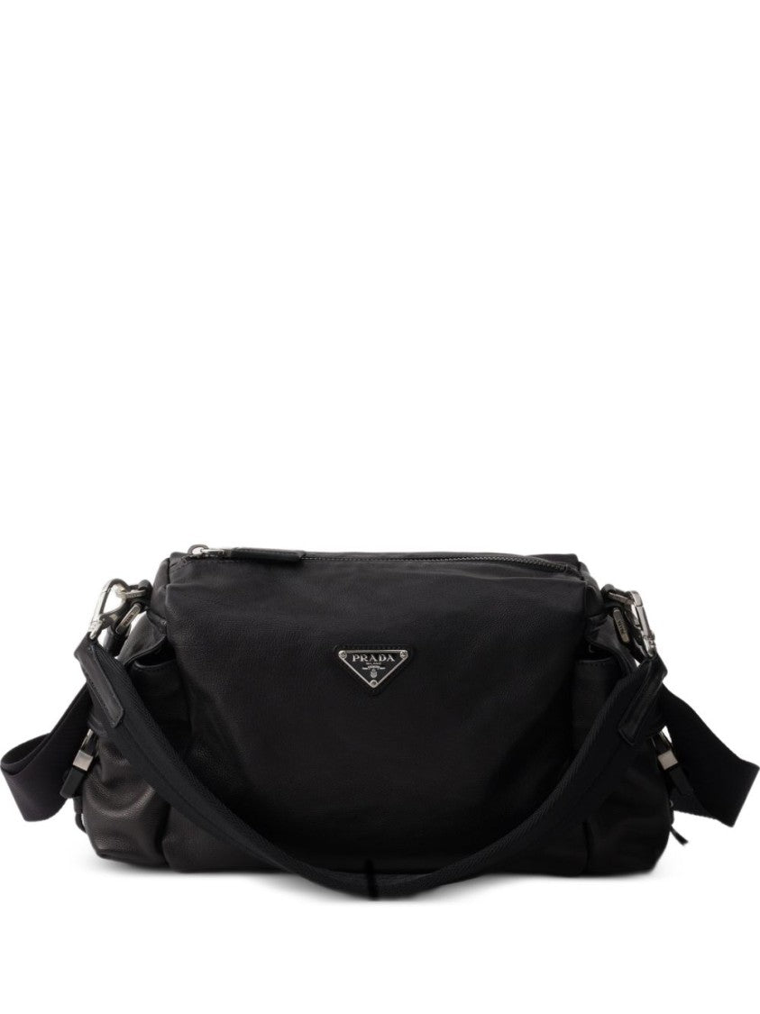 Prada Black Buffalo Leather Triangular Logo Shoulder Bag