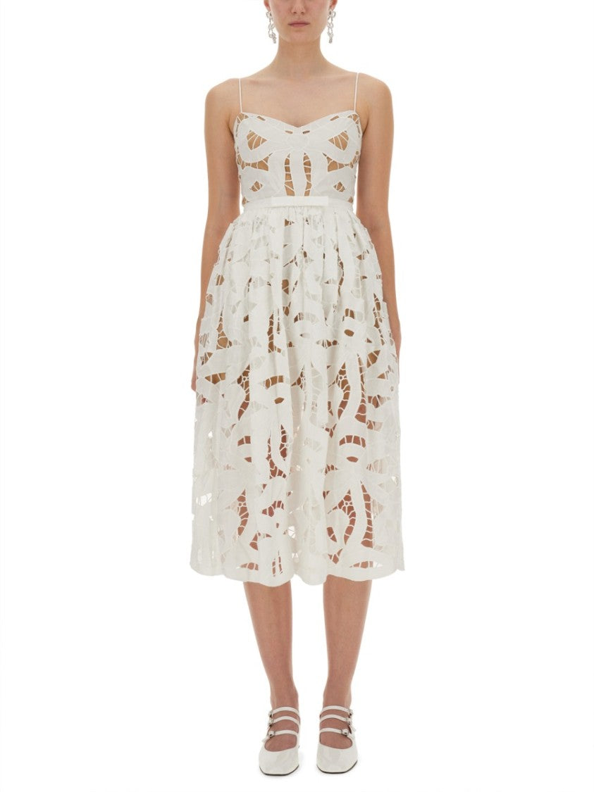 Self-Portrait Linen-Blend Embroidered Bow Midi Dress