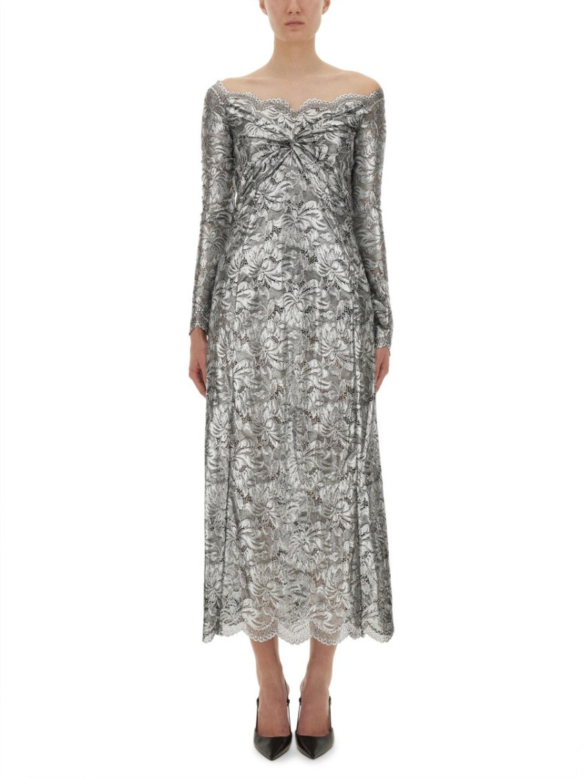 Rabanne Off-The-Shoulder Long Lace Dress With Floral Patterns