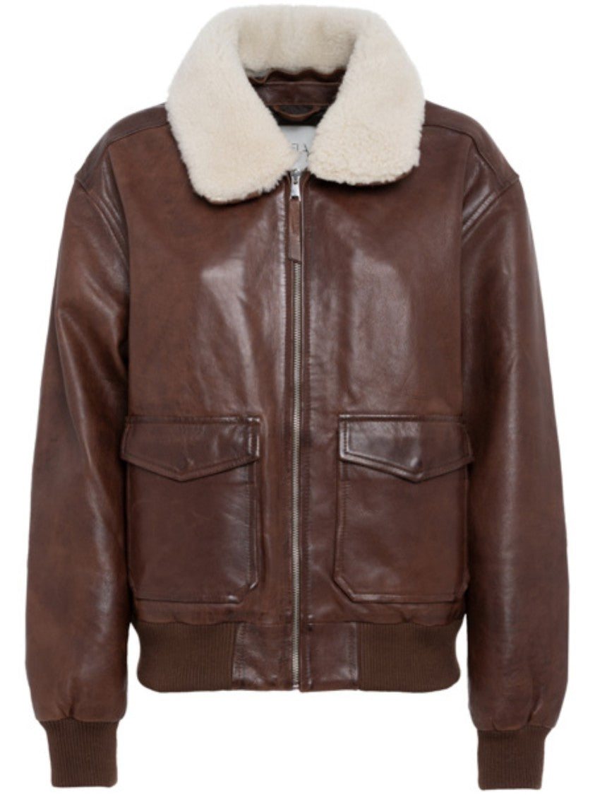 Tela Brown Lamb Leather Bomber Jacket With Shearling Collar