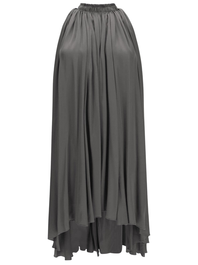 Sa Su Phi Ruffled Gray Midi Dress With Asymmetrical Hem And Bow Detail