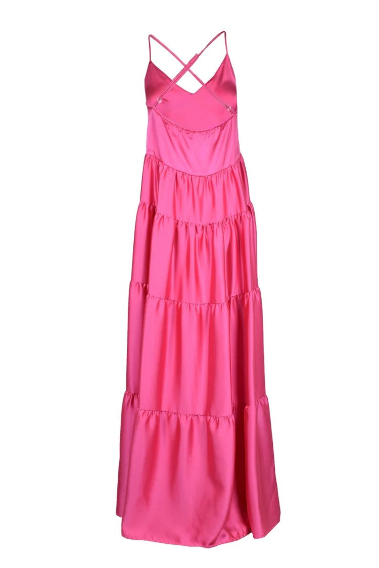 Black Coral Long Satin Dress - Fuchsia