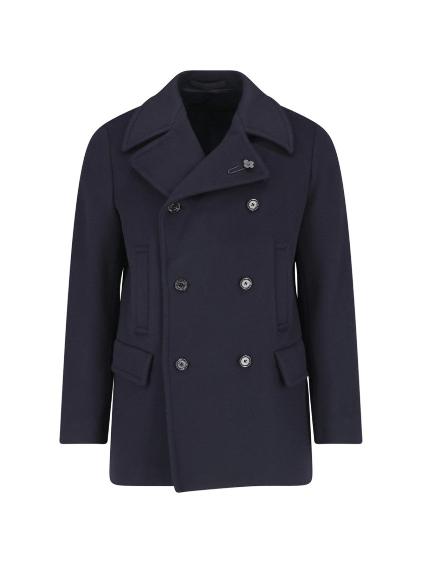 Lardini Navy Double-Breasted Wide-Lapel Virgin Wool Coat