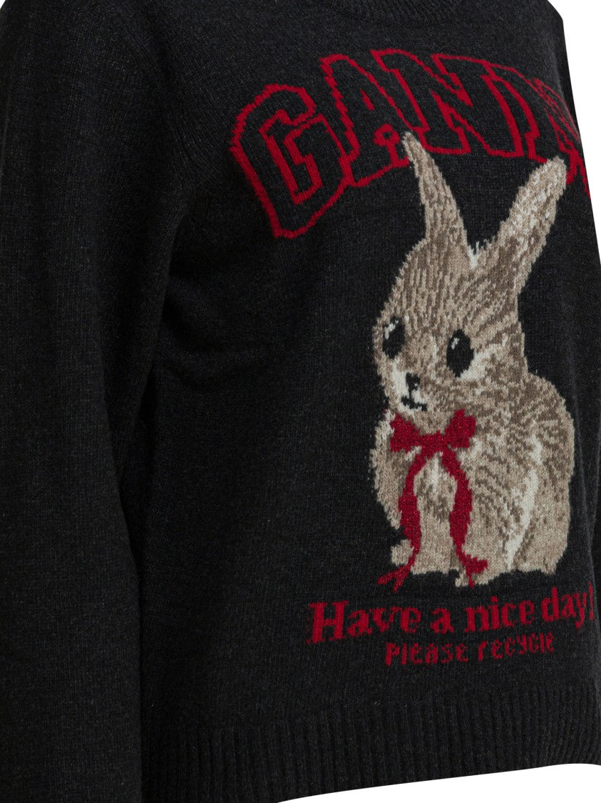 Ganni Graphic Print Wool Sweater With Ribbed Edges