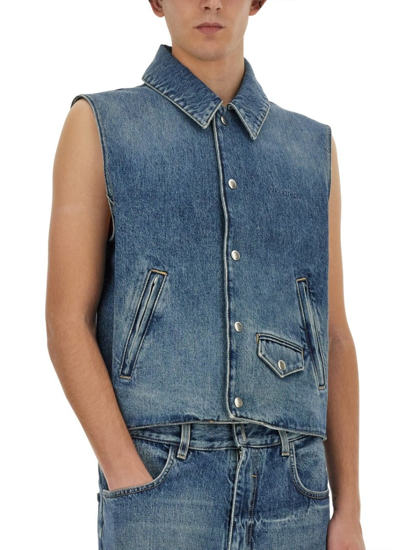Givenchy Cropped Denim Vest With Classic Collar