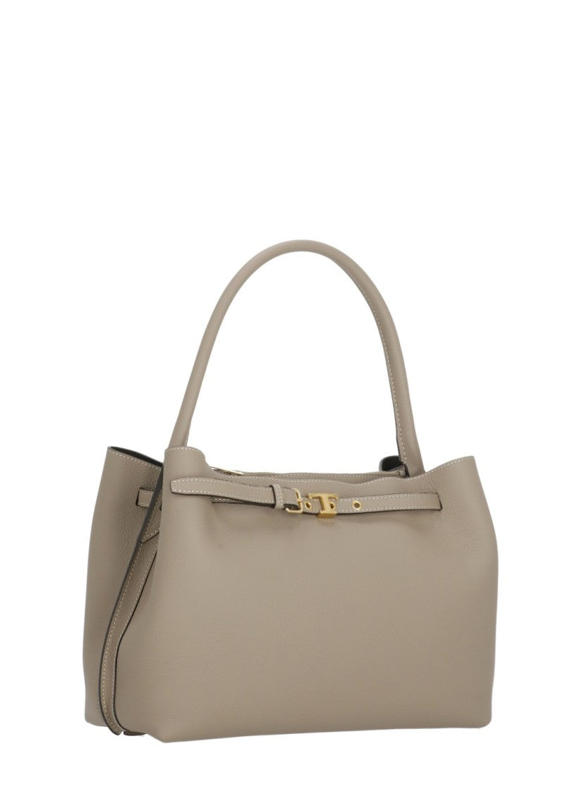 Tod's Timeless Beige Leather Top Handle Bag With Metallic Logo