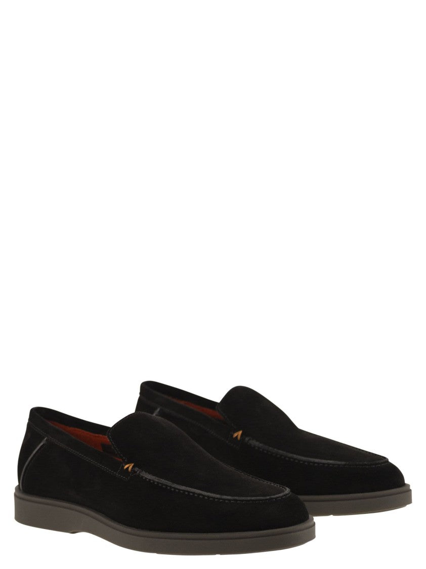 Santoni Fine Suede Moccasin With Signature Orange Accents