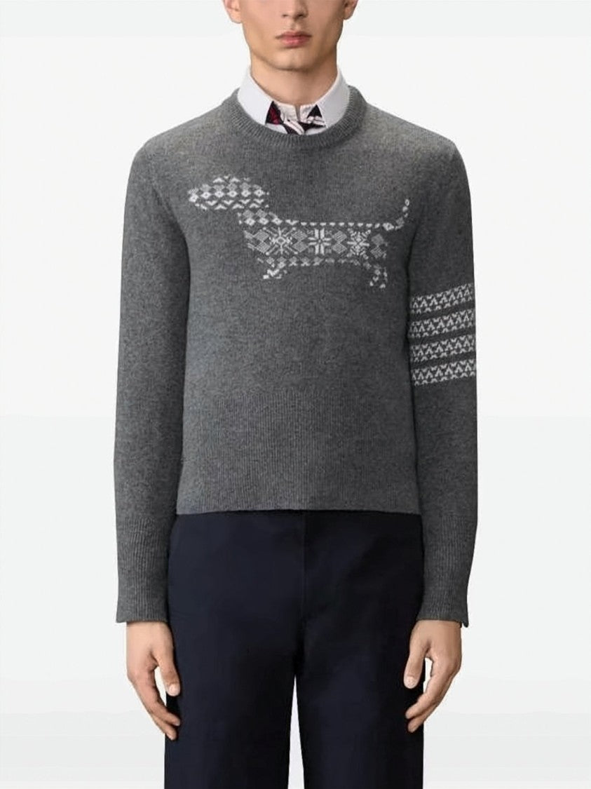 Thom Browne Patterned Grey Wool Sweater With Dog Motif And Geometric Design