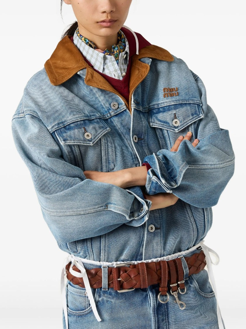 Miu Miu Light Blue Denim Leather Collar Jacket