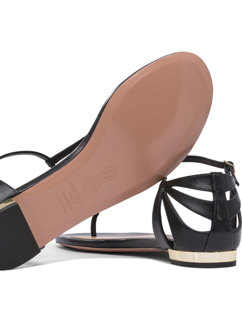 Aquazzura T-Strap Black Leather Sandals