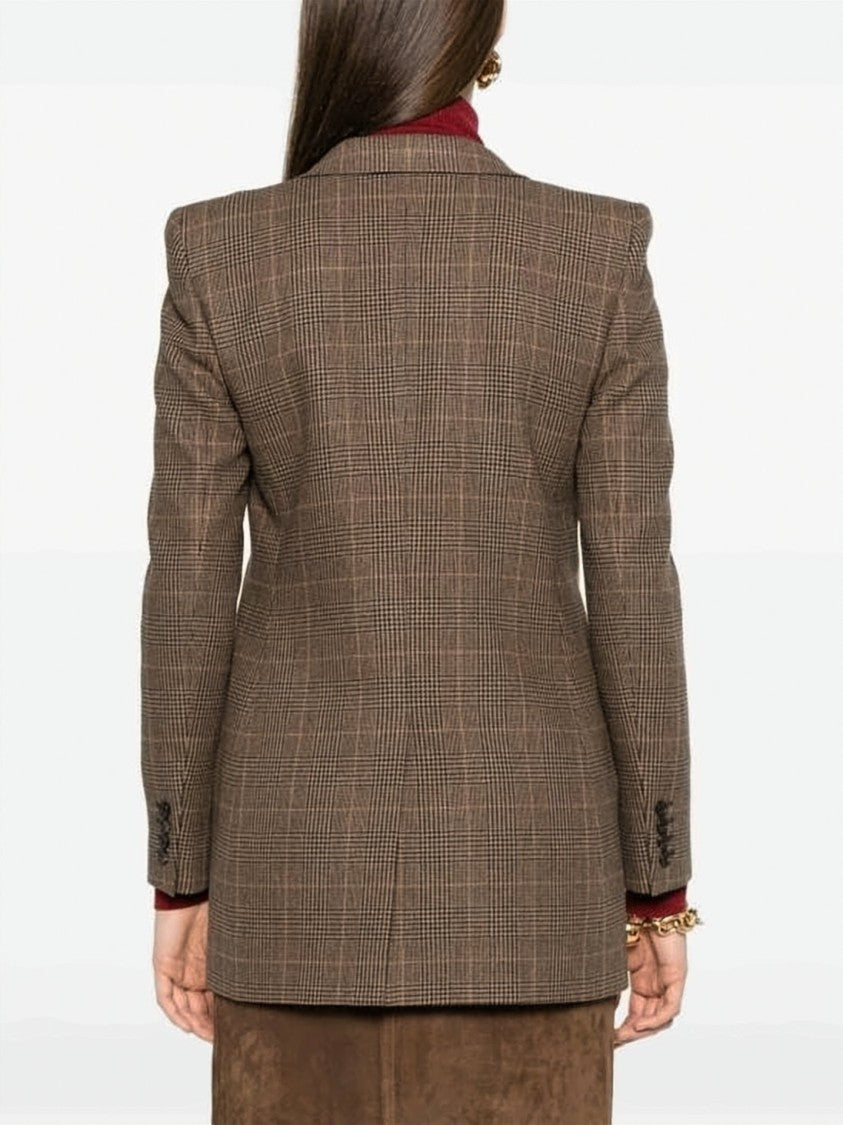 Saint Laurent Brown Check Wool-Cashmere Blazer With Notched Lapels