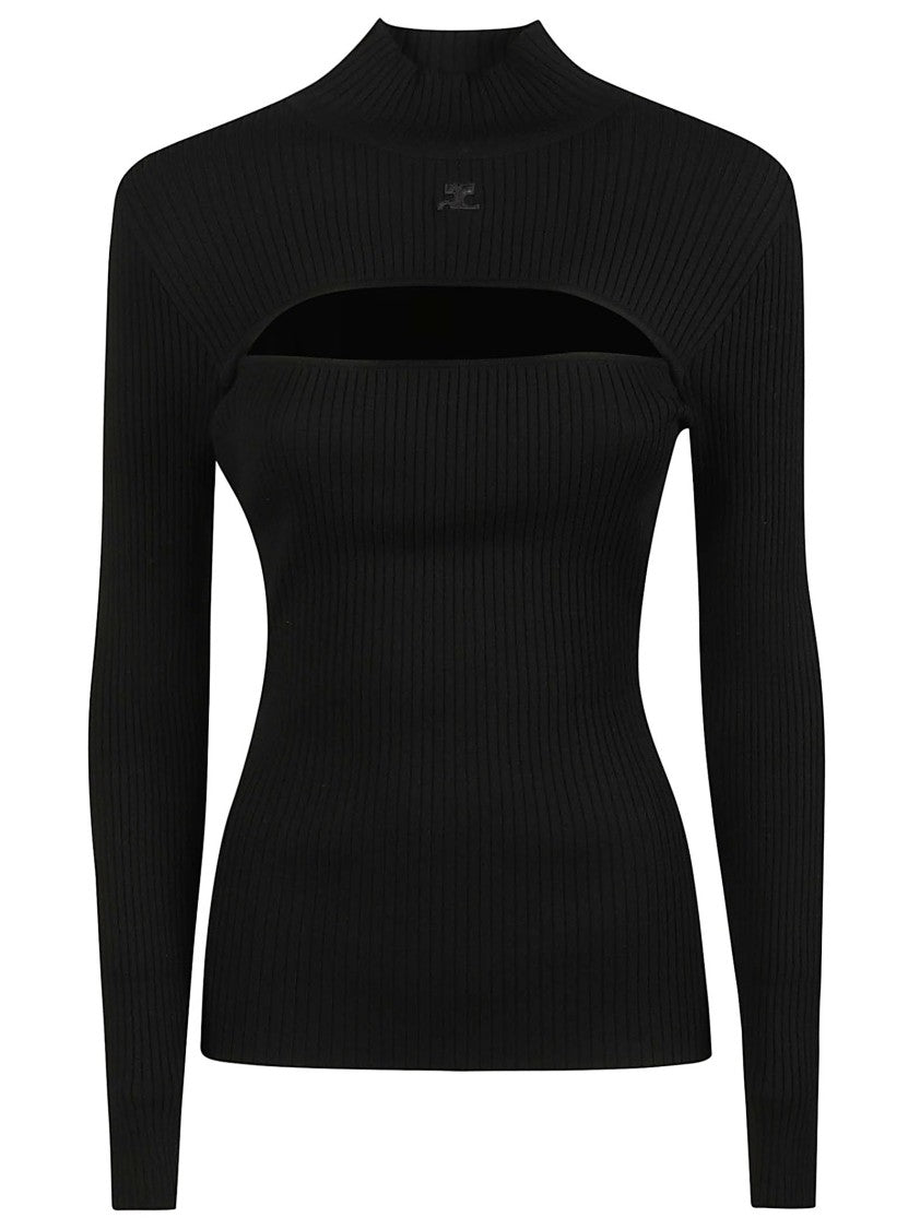 Courrèges Mock Neck Fitted Ribbed Cut-Out Sweater