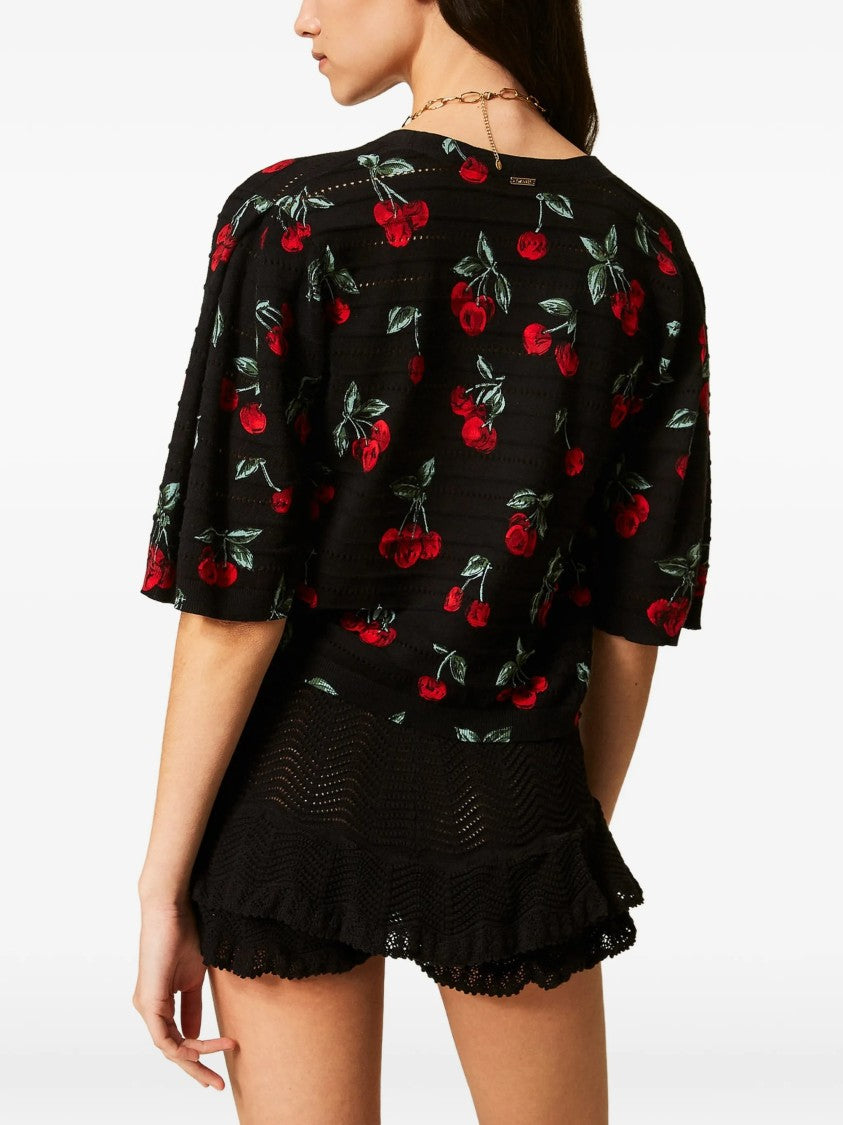 Twin-Set Black Top Cropped Cherry Print Top