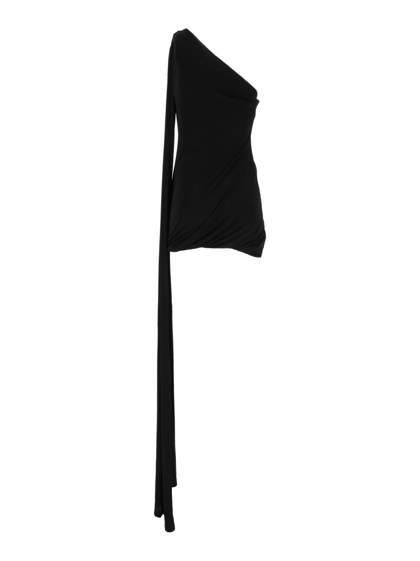 Eleh Black Draped Sleeve Ruched One-Shoulder Fitted Top