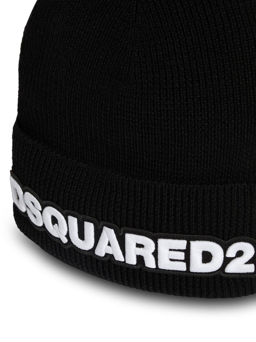 Dsquared2 Ribbed Knit Beanie With Folded Cuff And Bold Logo